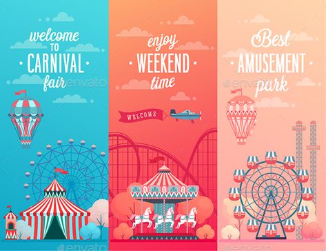 Set of Amusement Park #Set, #Amusement, #Park Carnival Theme Poster Design, Carnival Illustration Design, Carnival Graphic Design, Theme Park Poster, Theme Park Illustration, Amusement Park Poster, Carnaval Design, Carousel Illustration, Carnival Illustration