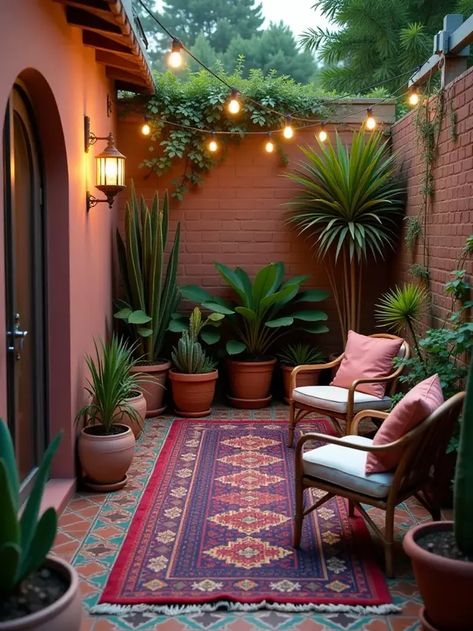 Eclectic backyard patio with colorful rugs, floor cushions, and potted succulents Eclectic Backyard, Unique Backyard, Patio Installation, Diy Backyard Patio, Potted Succulents, Rugs Floor, Patio Designs, Backyard Patio Designs, Outdoor Oasis