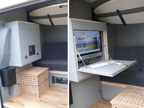 Urban-escape Ford Transit camper van with mobile office surfs the waves and web Van Conversion Office, Ambulance Interior, Camper Office, Vanlife Diy, Stealth Van, Van Office, Transit Camper Van, Computer Cabinet, Camper Flooring