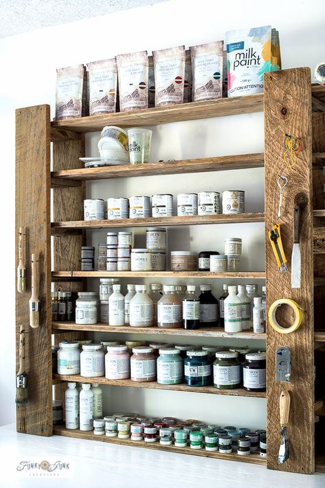 Learn how to build easy adjustable wood paint shelves for free! Perfect for storing paint supplies and there's even a small tool storage station for indoors! Visit the full tutorial HERE. Wood Picket Fence, Wood Shelving, Pretty Storage, Beautiful Closets, Unique Shelves, Funky Junk Interiors, Crafts Room, Easy Wood, Storing Paint