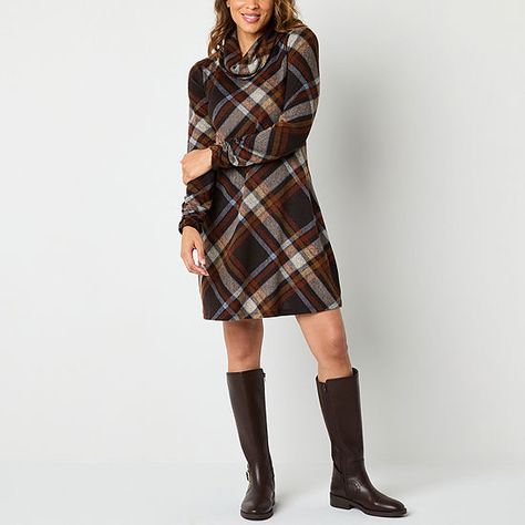 R & K Originals Womens Long Sleeve Plaid Shift Dress, Color: Brown Taupe - JCPenney Midi Dress With Boots, Fall Dresses With Boots, Dress With Knee High Boots, Large Dresses, Guest Attire, Shift Dresses, Womens Shift Dresses, Wedding Attire Guest, Long Sleeve Shift Dress