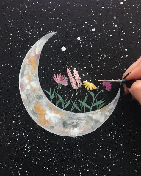 Art Moon Paintings, Moon And Flower Painting, Simple Space Painting Ideas, Cresent Moon Paintings, Moon Canvas Painting Ideas, Moon Flower Painting, Diy Moon Painting, Canvas Painting Ideas Moon, Witchy Painting Ideas Easy