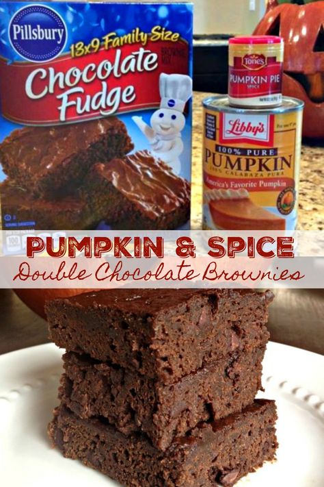 PUMPKIN & SPICE DOUBLE CHOCOLATE BROWNIES - Only 4 ingredients to make this awesome fall treat! Easiest, moistest, fudgiest brownies ever! Autumn Desserts Easy, Pumpkin Spice Brownies, Autumn Desserts, Chocolate Pumpkin Pie, Pumpkin Fudge, Double Chocolate Brownies, Baking Stuff, Desserts Easy, Pumpkin Chocolate