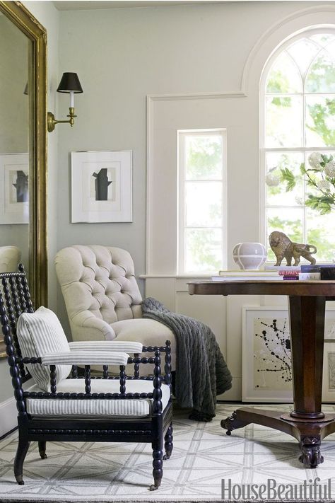 Sparkling Sage. "The paint color comes from the trees outside. I thought it would blend in with the foliage in summer. And in winter, when it's icy and dreary, it reminds me that spring is on the way." -Designer Matthew Patrick Smyth. Read more on which paint color best suits your small room at HouseBeautiful.com Bedroom Paint Colors Valspar, Paint Colors Valspar, Small Room Paint, Sage Green Paint Color, Sage Green Living Room, Sage Green Paint, Green Dining Room, French Country Living Room, Favorite Paint Colors