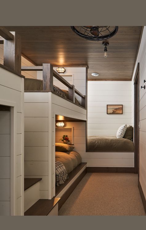 Bunk Beds In Basement, Enclosed Top Bunk Bed, Bunk Room Over Garage, Queen Bed Bunk Room, Bunk Room With Stairs, Cabin Built In Bunk Beds, Corner Bunk Room, Tiny Bunk Room, Queen Size Bunk Beds Built Ins