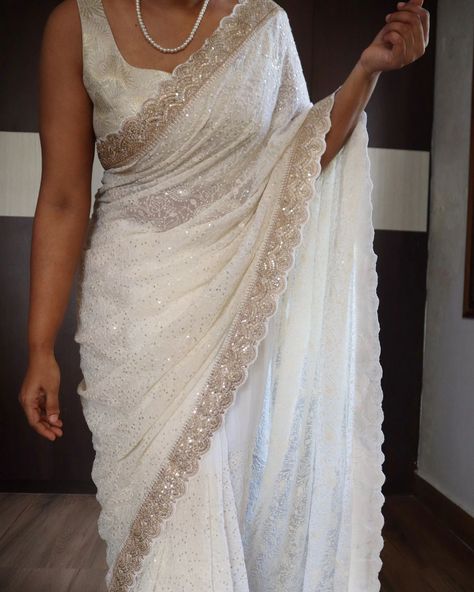 *An adorable chikankari collection with sabyasachi borders in scallop style on pure khaddi georgette silk saree* Pure fabric In elegant pearl white shade Pretty 😍 For ONLY FOR 8000💕💕 ship Sabyasachi Borders, White Saree Aesthetic, Nepali Clothing, Indian Royalty, Georgette Silk Saree, Chikankari Saree, Indian Bridesmaid Dresses, White Lehenga, Simple Saree Designs