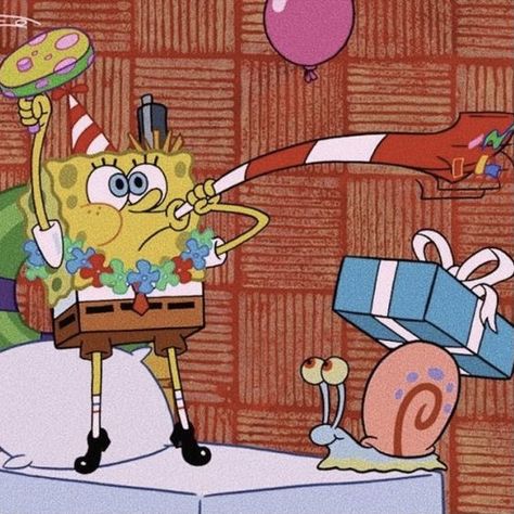 Party Cartoon Aesthetic, Spongebob Birthday Aesthetic, Birthday Cartoon Aesthetic, Spongebob Birthday Pictures, Sponge Bob Icons Aesthetic, Old Spongebob Aesthetic, Happy Birthday Spongebob, Spongebob Happy, Spongebob Birthday Meme Funny