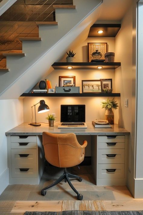 Under The Stairs Small Storage, Office Space Under Staircase, Understairs Office Ideas Staircases, Small House Lighting Ideas, Under Stairs Study Area, Desk Under Stairs Ideas, Staircase Under Space Ideas, Under Stairs Desk Ideas Small Office, Under Stairs Desk And Storage