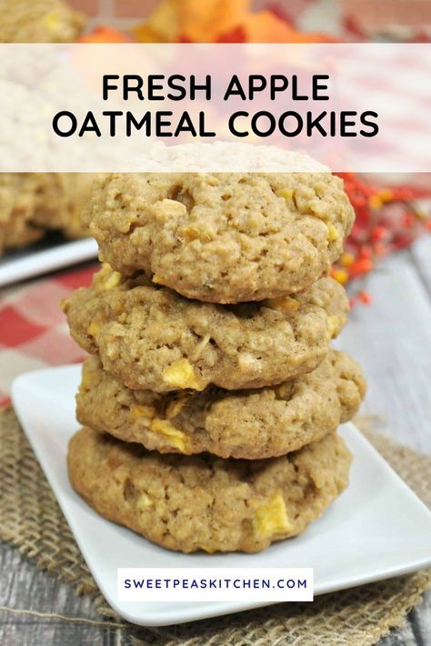 Fresh Apple Oatmeal Cookies, Chunky Oatmeal Cookies, Fresh Apple Cookies Recipes, Oatmeal Apple Cookies, Oatmeal Desserts, Oatmeal Treats, Apple Cookies Recipes, Soft Oatmeal Cookies, Oatmeal Dessert