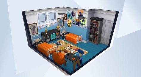 Check out this room in The Sims 4 Gallery! - Sporty kid bedroom with two beds. #parenthood #kid #bedroom Sims 4 Kids Room Ideas, Bedroom With Two Beds, Sim4 House, Sims 4 Kids Room, Twin Boys Room, 3 Kids Bedroom, Sims Room, Sims Rooms, Kids Sports Room