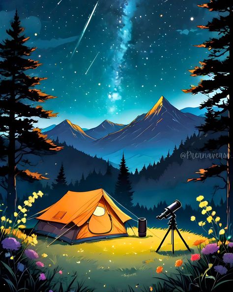 Underneath a starry embrace, camping delights unfold. Telescope, mountain views, and a tent for dreams untold. 🌌⛺ #StargazingMagic #midjourney #midjourneyart #midjourneygallery #dailymidjourney #midjourneycommunity #aiart #aiphotography #digitalart #thisisaiart #aiartcommunity #aiartdaily #wallpaper #phonewallpaper #space #spacelovers #starrynightpainting #camping #imagineartai #telescope Camping Scene Illustration, Telescope Illustration, Sunset Painting Easy, Tent View, Inktober 2024, Starry Night Painting, Drawing Competition, Mountain Drawing, Painting Competition