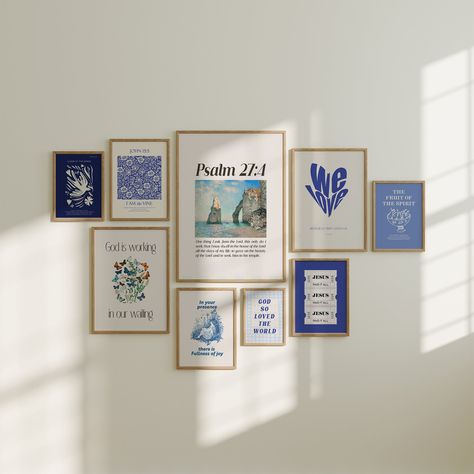 Modern Blue Christian Aesthetic bibl verse gallery wall art bundle set of 9, Vintage spiritual wall, Trendy scripture religious wall decor  🎈DIGITAL FILES ONLY NO PRINTED MATERIALS OR FRAMES ARE INCLUDED! 🎁INCLUDED FILES This instant download includes high-resolution JPG images 300 dpi. ✔2x3 ratio file INCHES - 4x6, 6x9, 8x12, 10x15, 12x18, 16x24, 20x30, 24x36 CM - 10x15 cm, 20x30 cm, 30x45 cm, 40x60 cm, 60x90cm ✔4x5 ratio file INCHES - 4x5, 8x10, 16x20 CM - 20x25 cm, 40 x50 cm ✔3x4 ratio file Wall Scripture Art, Art Print Gallery Wall, Christian Gallery Wall, Blue Christian Aesthetic, Classy Wall Decor, Bedroom Picture Wall, College Apartment Wall Decor, Christian Bedroom Decor, Blue And Gold Decor