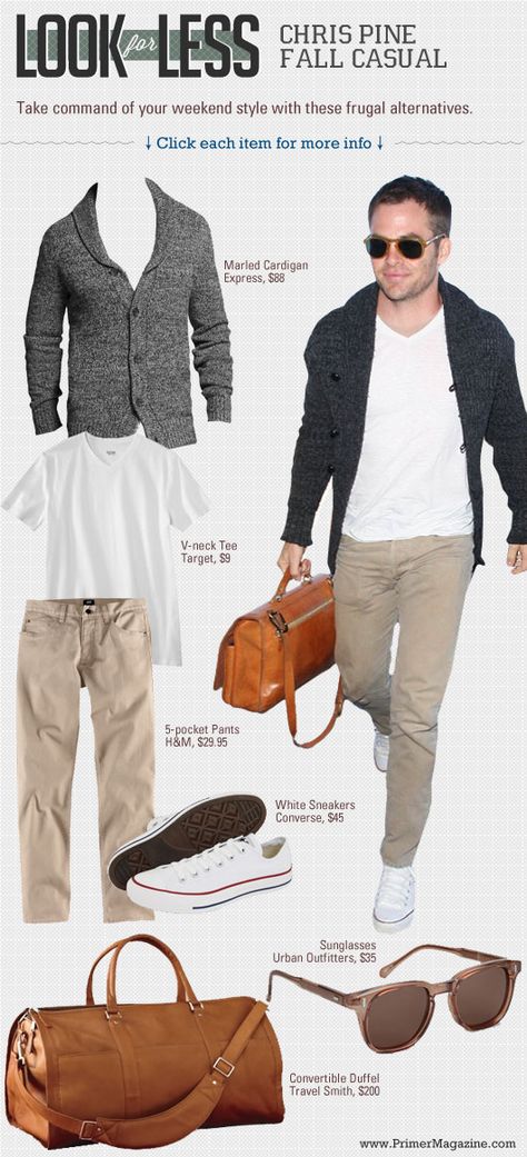 Look for Less: Chris Pine Fall Casual | Primer Tara Outfits, Cute Duffel Bags, Manly Outfits, Mode Hip Hop, Mens Attire, Chris Pine, Sharp Dressed Man, Duffel Bags, Well Dressed Men