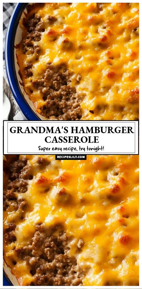 This Grandma's Hamburger Casserole is my go-to for a cozy family dinner! It's super easy to make and perfect for busy weeknights. The cheesy goodness combined with savory hamburger meat creates a dish that everyone will love. Can't wait for you to try it tonight! Hamburger Meat Mashed Potatoes Recipes, What To Make With Hamburger Meat Dinners, Quick Ground Hamburger Recipes, Crockpot Ideas With Hamburger Meat, Fast Easy Hamburger Meals, Hamburger Meat Crock Pot Recipes, Sunday Dinner With Ground Beef, Things To Make With Ground Beef Dinners, Dinner Idea With Hamburger Meat