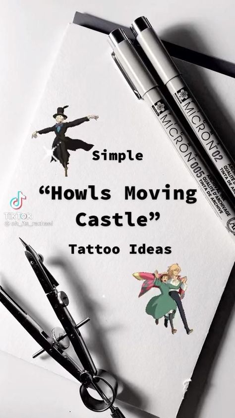 Small Tattoos Howls Moving Castle, Ghibli Aesthetic Tattoo, Small Simple Anime Tattoos, Simple Howls Moving Castle Tattoo, Howls Movie Castle Tattoo, Discreet Anime Tattoo, Tattoo Ideas Anime Inspiration, Cute Small Anime Tattoos, Ghibli Inspired Tattoo