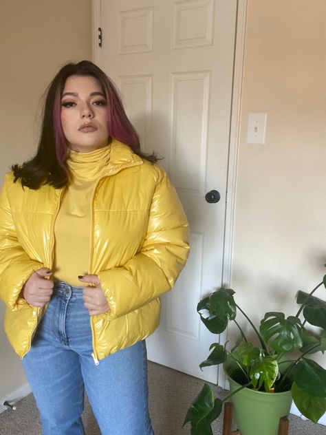 Winter outfit inspo. Wild fable yellow puffer jacket American eagle jean mom jeans. Monstera plant Yellow Puffer Jacket Outfit, Fits With Jeans, Puffer Jacket Aesthetic, Yellow Puffer Jacket, Puffer Jacket Outfit, Jean Mom, Divine Goddess, Puffer Jacket Women, Monstera Plant