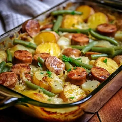 Sausage Green Bean Potato Casserole - That Oven Feelin Sausage Green Bean Potato Casserole, Sausage Green Beans, Green Bean Potato Casserole, Beans And Potatoes, Potatoes Green Beans, Smoked Sausage Recipes, Seasoned Potatoes, Sausage Dishes, Green Beans And Potatoes