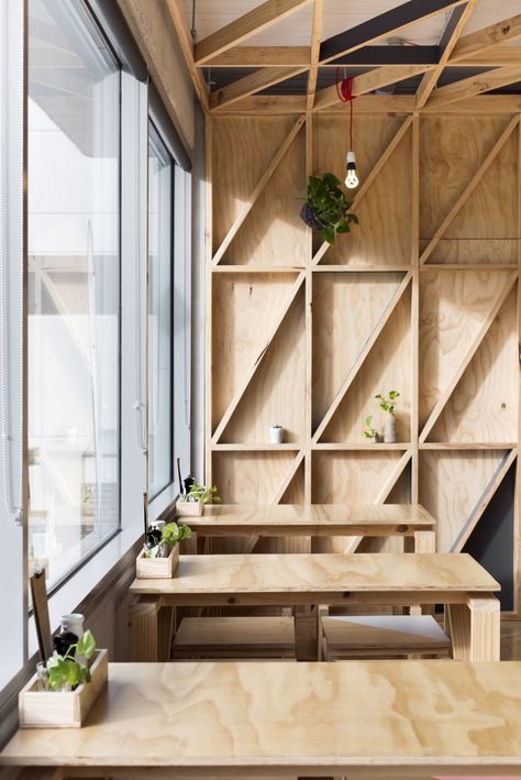 Jury / Biasol: Design Studio Plywood Wall, Plywood Interior, Plywood Shelves, Wall Panelling, Plywood Furniture, Restaurant Interior, Cafe Interior, Cafe Design, Commercial Design