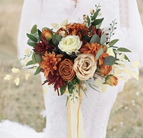 Rustic Orange Bouquet, Rust And Sage Bouquet, Petite Wedding Bouquet Fall, Rustic Fall Wedding Flowers Bride Bouquets, Wedding Bouquets Rust Orange, Terracotta And Burgundy Wedding Flowers, Fall Flower Bouquets Simple, Terracotta Rose Bouquet, Sage And Terra Cotta Wedding Flowers