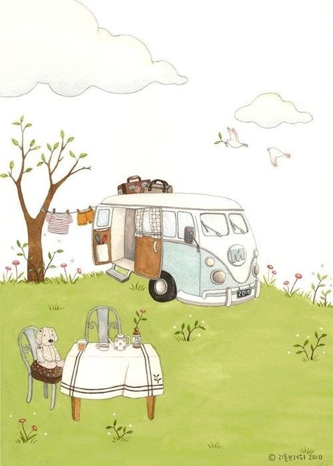 Vw Buzz, Camper Art, Travel Clipart, Kombi Home, 수채화 그림, Wassily Kandinsky, Painting Illustration, Whimsical Art, Art Plastique