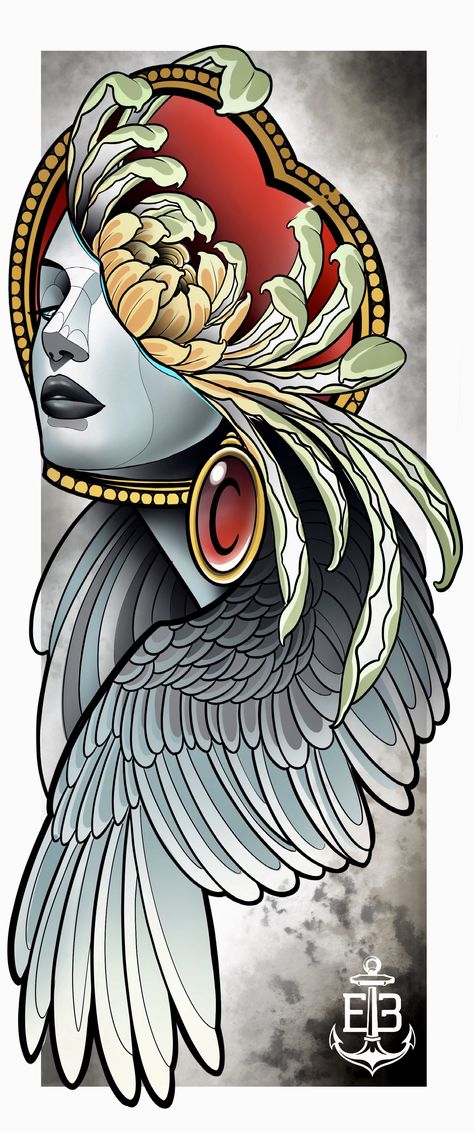 Neotrad Neo Traditional Tattoos Black And Grey, Tattoo Design Reference, Traditional Tattoo Black And Grey, Geometric Owl Tattoo, Fenrir Tattoo, Neo Traditional Art, Tattoo Black And Grey, Geisha Tattoo Design, Neo Tattoo