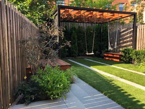 Brooklyn backyard with small playground - Modern - Garden - New York - by Little Miracles Designs | Houzz AU Backyard With Pergola, Boulder Landscape, Small Playground, Swings Outdoor, Brooklyn Backyard, Activity Wall, Bohemian Backyard, Wall Blue, Backyard Swings