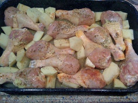 This is an easy, quick and tasty recipe.  It's great comfort food. Oven Chicken And Potatoes, Chicken Leg Recipes Oven, Potatoes In The Oven, Chicken Leg Recipes, Chicken And Potatoes, Oven Chicken, Chicken Potatoes, Chicken Legs, Baked Chicken Recipes