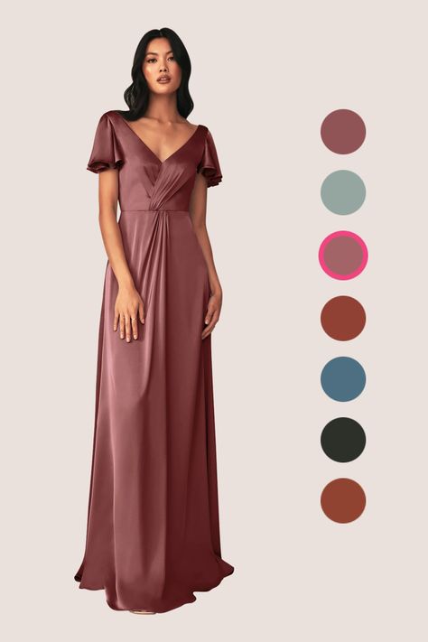 Look elegant and youthful while wearing our Soren dress. Made from our luxurious stretch satin, this bridesmaid dress features a V-neckline bodice with delicate flutter sleeves and a pleated twist detail. Her full length, A-line skirt makes this dress sophisticated and comfortable. Satin Bridesmaid Dress, Stretch Satin Dress, Azazie Bridesmaid Dresses, Wedding Name, Satin Bridesmaid Dresses, Sophisticated Dress, Stretch Satin, Satin Dress, Custom Dresses