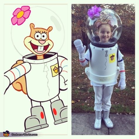 Jay: My daughter Riley Sabo. She loves spongebob so this year she wanted to be Sandy. All you need is a small garbage can and a street lamp light cover. Photo... Sandy The Squirrel Costume, Family Spongebob Costumes, Sandy Spongebob Costume, Spongebob In Crab Costume, Sandy Squirrel Halloween Costume, Spongebob Family Costume, Cute Spongebob Costume, Simple Spongebob Costume, Sandy Cheeks Costume Diy