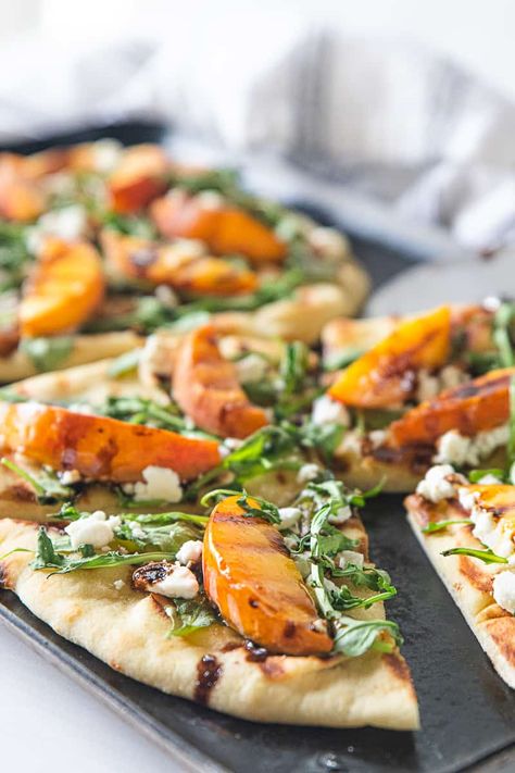 Flatbread With Goat Cheese, Peach Flatbread, Holiday Party Apps, Arugula Flatbread Pizza, Peach Goat Cheese, Goat Cheese Flatbread, Goat Cheese Crumbles, Goats Cheese Flatbread, Naan Flatbread