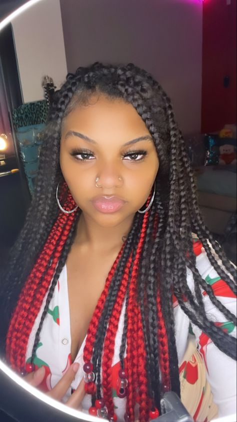 Braided Hairstyles For Black Women Red Hair, Braids Red And Black, Black Women Red Hair, Black And Red Braids, Black Girls With Glasses, Women Red Hair, Braids Red, Red Braids, Peekaboo Hair Colors