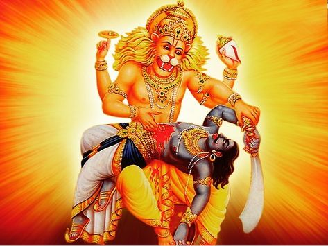 Sri Narasimha Jayanti is the appearance day of Lord Narasimha, the half-lion half-man incarnation of Lord Vishnu, who appeared to protect Prahlada from his demoniac father Hiranyakashipu.  Hiranyakashipu received a special benediction from Lord Brahma that he could not be killed by any human being, demigod, or animal or any other entities; he could not be killed by any kind of weapons, neither during day nor night. So, the Lord appeared in half-man half-lion form and killed him with His nails at Narasimha Hd Wallpaper, Lord Narasimha Hd, Lord Narasimha Hd Wallpaper, Narasimha Jayanti, Vishnu Art, Lord Narasimha, Lord Brahma, Iskcon Vrindavan, Saraswati Photo