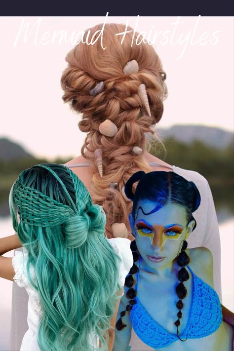 Mermaid Hairstyles Mermaid Inspired Hair, Hairstyles For Halloween, Mermaid Hairstyles, Bold Haircuts, Knot Ponytail, Half Braided Hairstyles, Bright Blue Hair, Bow Bun, Mermaid Braid