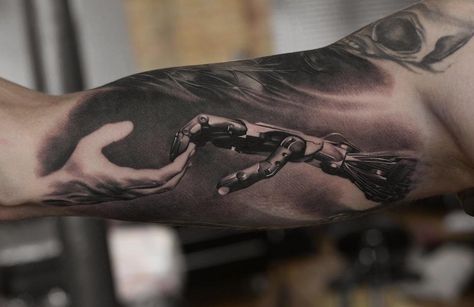 Realistic tattoo by Dennis Sivak Inner Bicep Tattoo Men, Robot Tattoo, Bicep Tattoo Men, Molecule Tattoo, Inner Bicep Tattoo, Bicep Tattoo, 3d Tattoo, Full Sleeve Tattoo, Inked Magazine