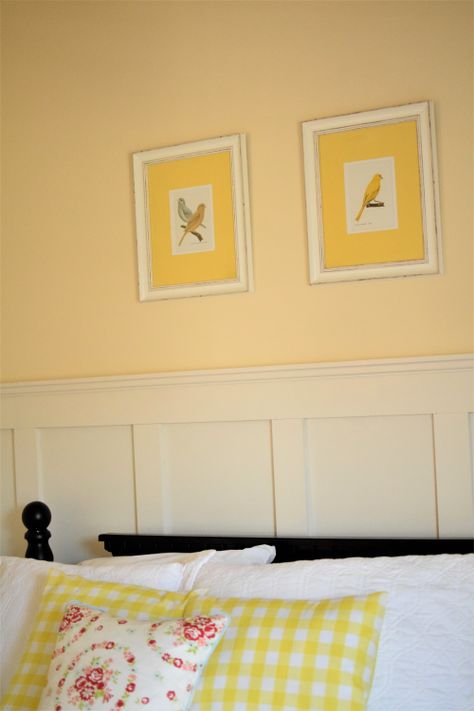 Yellow Guest Room Board and Batten Vintage Bird Prints Yellow Board And Batten, Yellow Guest Room, Vintage Bird Prints, Yellow Board, English Country Cottages, Gingham Napkins, Yellow Walls, Vintage Bird, Board And Batten