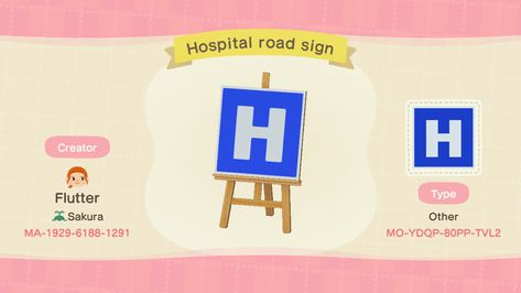 Animal Crossing Hospital Design Codes, Acnh Hospital Design Codes, Acnh Hospital Design, Hospital Sign, Urban Island, Hospital Logo, Hospital Signs, Acnh Design, Acnh Designs