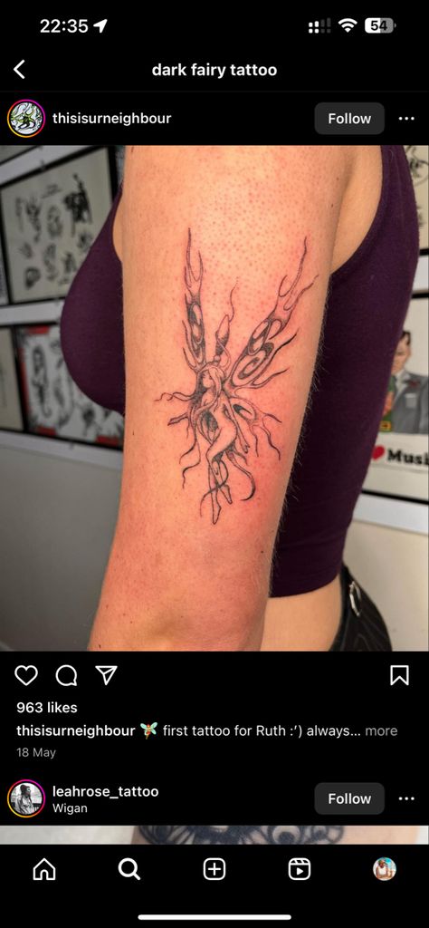 Gothic Fairy Tattoos For Women, Whimsical Tattoos For Women Small, Edgy Fairy Tattoo, Tramp Stamp With Spine Tattoo, Demon Fairy Tattoo, Fire Fairy Tattoo, Scary Fairy Tattoo, Abstract Fairy Tattoo, Gothic Fairy Tattoo Designs