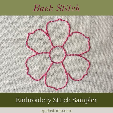 Backstitch is a great embroidery stitch for any motif. This simple flower is part of a sampler using the same motif done with different stitches. Back Stitch Motif Design, Back Stitch Embroidery Motifs, Back Stitch Embroidery Design Motifs, Back Stitch Embroidery Design Patterns, Back Stitch Embroidery Design, Backstitch Embroidery, Embroidery Portfolio, Back Stitch Embroidery, Stitch Embroidery Design