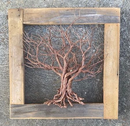 An original work of art, the tree is handcrafted from heavy wire that is bent and twisted to form a unique wire tree. Finished in copper color and surrounded by a reclaimed wood frame. This artful display of nature is perfect for any home or office. Approximate size 19" x 19"h One of a kind item. Frame Cottage, Fox Sculpture, Copper Wire Tree, Copper Wire Crafts, Christmas Mug Rugs, Copper Wire Art, Copper Tree, Wire Wall Art, Wire Sculptures