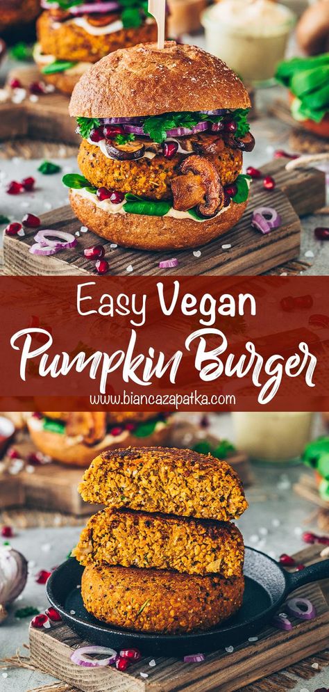 Vegan Pumpkin Burgers with Quinoa and Chickpeas Healthy Veggie Burger, Burger Patties Recipe, Quinoa And Chickpeas, Vegan Burger Buns, Vegan Veggie Burger, Veggie Burger Patties, Vegetarian Burgers, Veggie Burger Recipe, Pumpkin Recipes Dinner