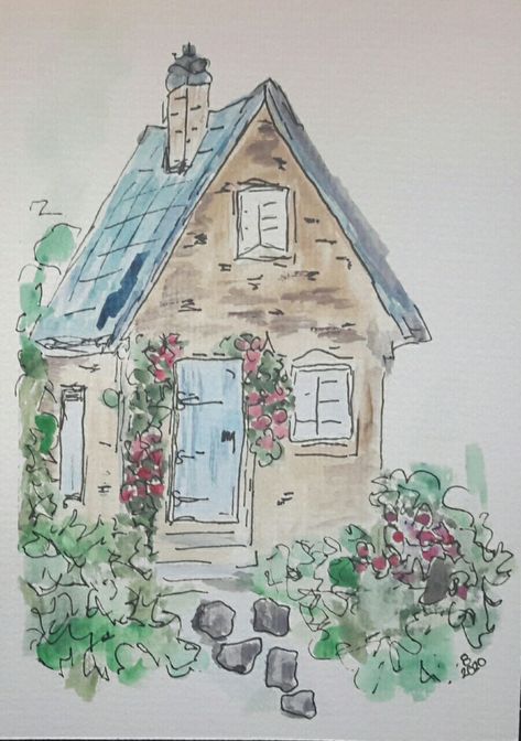 Watercolor With Pen Outline, Watercolor Inspirations Easy, Things To Draw With Pen, Cottage Drawings, Cottage Watercolor Painting, Garden Design Drawing, Drawing Cottage, Cottage Watercolor, Watercolor Cottage