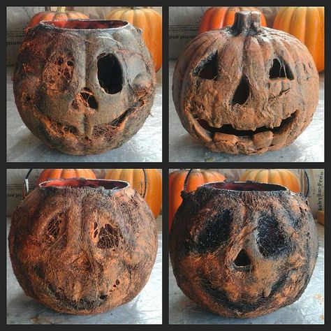 Four Corpse Pumpkins  use spiderweb  or cotton balls  and latex  and black spray paint and orange  paint  make them look more Halloween  ready Pumpkin Pail, Halloween Forum, Astuces Diy, Primitive Halloween, Halloween 2015, Halloween Yard, Cotton Balls, Halloween Jack, Creepy Halloween