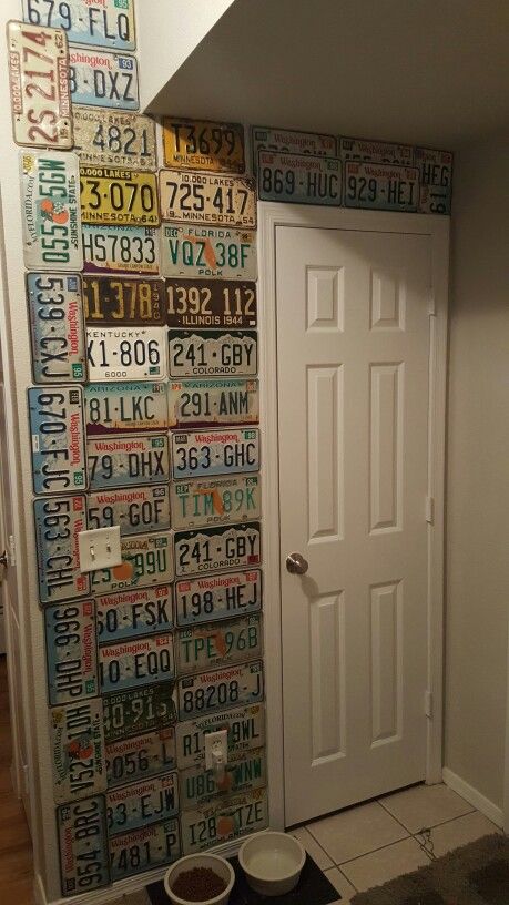 My license plate wall License Plate Wall Ideas, License Plate Wall Decor, Western Bed, License Plate Decor, License Plate Wall, Plate Ideas, Sun Porch, Room Stuff, Plate Decor