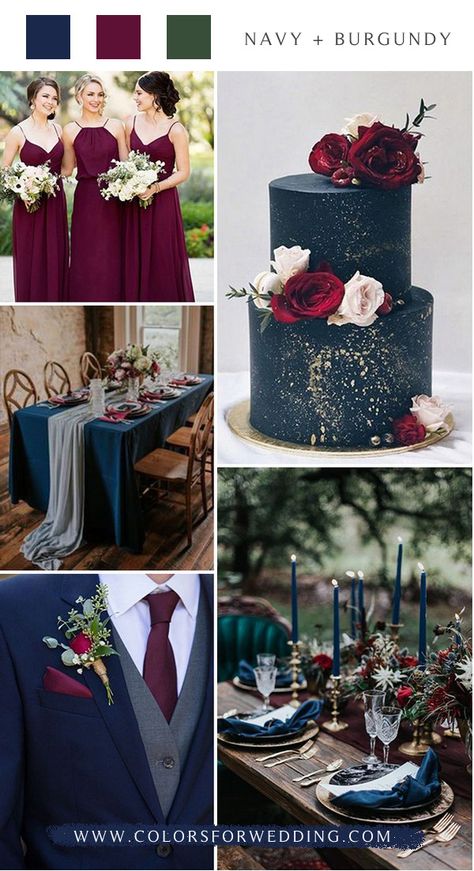 navy blue and burgundy wedding color ideas #wedding #weddingcolors #weddingideas Navy Blue And Burgundy Wedding, Color Ideas Wedding, Blue And Burgundy Wedding, Navy And Burgundy Wedding, Burgundy Wedding Colors, Bohemian Winter, Wedding Color Pallet, Blue And Burgundy, Wedding Color Trends