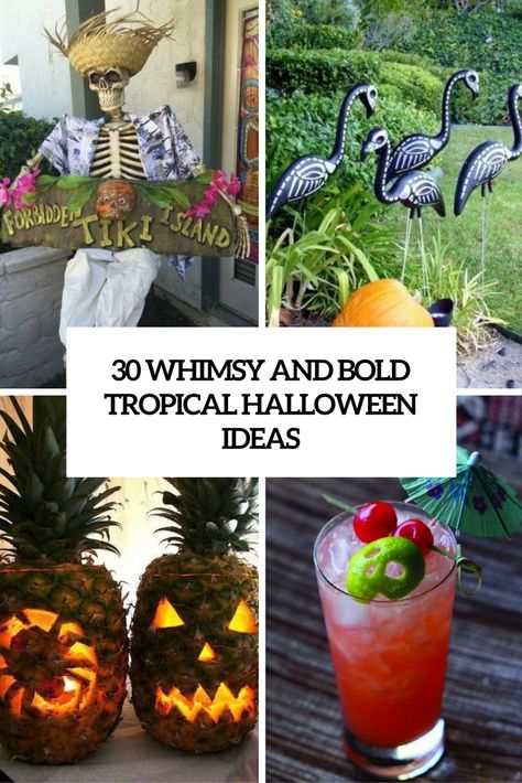 whimsy and bold tropical halloween ideas cover Beach Themed Halloween Decorations, Halloween Luau Party, Tropical Fall Decorations, Haunted Luau Party, Florida Halloween Decorations, Spooky Tiki Party, Haunted Tiki Party, Tropical Halloween Decor, Halloween Tiki Party