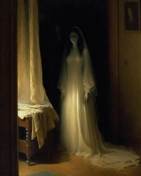 Female Ghost Aesthetic, Eerie Poses, Female Ghost Art, White Lady Ghost, Phantom Painting, Marauders Characters, Female Ghost, Horror Photos, Fantasy Witch