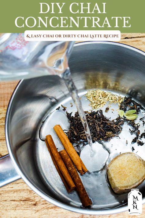 Learn how to easily make a chai tea concentrate at home so you can enjoy coffee shop quality chai tea lattes (and dirty chai lattes) anytime for just pennies. Home Made Chai Tea, Herbal Chai Tea Recipe, Chai Tea Concentrate Recipe, Chai Concentrate Recipe, Tea Concentrate Recipe, Cozy Beverages, Chai At Home, Homemade Teas, Chai Tea Benefits