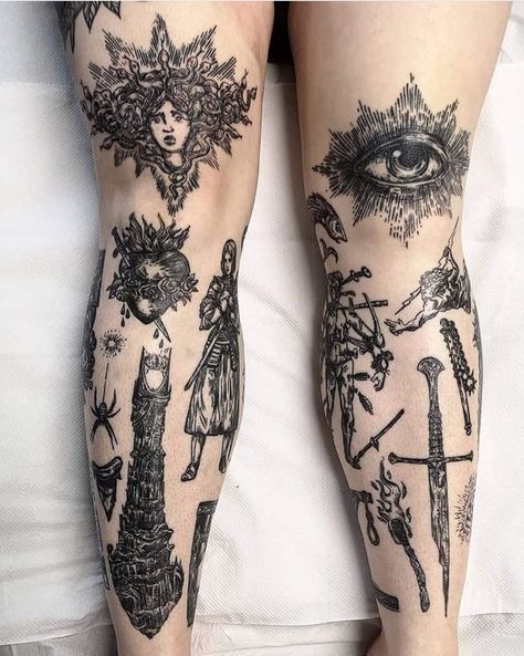 50+ Spooky Halloween Tattoo Ideas - The XO Factor Medieval Tattoo, Tattoos Mandala, Sick Tattoo, Tattoos Geometric, Medusa Tattoo, Gothic Tattoo, Tatuaje A Color, Knee Tattoo, Black Ink Tattoos