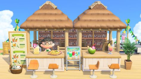 Animal Crossing Beach Deck, Animal Crossing Beach Bar Ideas, Tiki Bar Acnh Code, Acnh Front Porch, Acnh Beach Bar Design, Acnh Beach Ideas Tiki Bar, Acnh Beach Bar Ideas, Acnh Beach Market, Animal Crossing Beach Bar