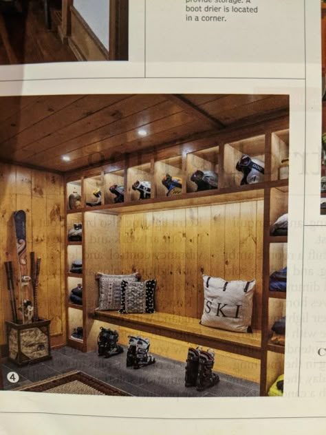 Ski Boot Room, Chalet Entryway, Ski Chalet Mudroom, Ski Room Ideas, Ski House Mudroom, Mudroom Ski Storage, Ski Storage Chalet, Ski Mudroom Ideas, Snowmobile Gear Storage